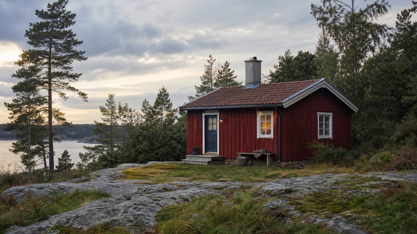 En værbitt rød sørlandshytte mellom furutrær, svaberg og stille vann